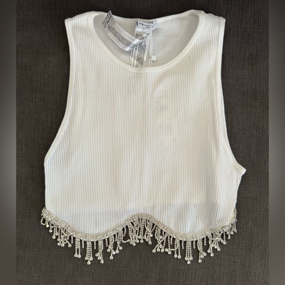 Zara White Crop Top with Silver Beaded Fringe (new with tags)